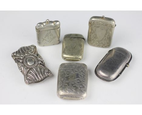 Six white metal vestas, to include; a Masonic vesta engraved with compass and 'C', another with pricked decoration of a hunte