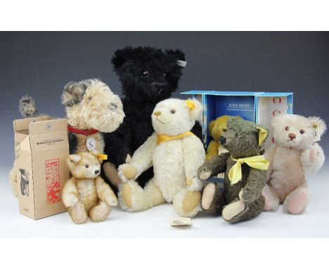 A Steiff black mohair teddy bear, 47cm, with a Steiff Classics dog, four other Steiff bears and a Merrythought bear in box (7