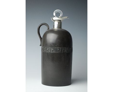 A silver mounted Wedgwood ewer and stopper, Lee & Wigfull, Sheffield 1920, the ceramic body decorated with a central Greek ke