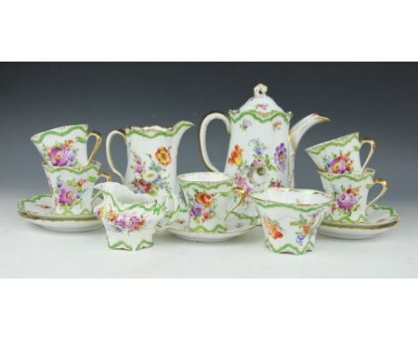 A Dresden five piece coffee service, each piece hand painted with formal floral sprays within green and gilt borders, compris