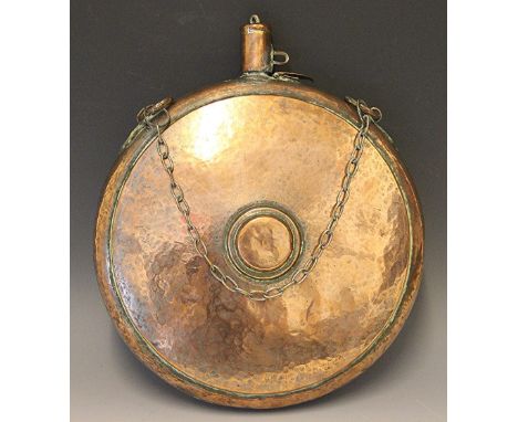 A large copper pilgrim type flask, of circular form, with lockable screw top and chain, 32cm diameter