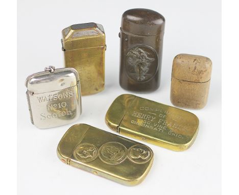 Six vestas, comprising; a brass 'Compliments of Henry Franck, 430 Vine St, Cincinnati, Ohio' and another 'Compliments of Char