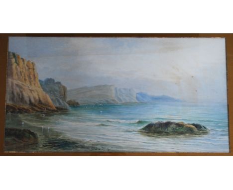 English School (late 19th century), Watercolour, Seascape with cliffs and gulls, indistincly signed lower right, 34cm x 64cm,