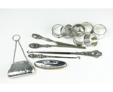 A selection of silver to include a coin purse, T H Hazlewood & Co, Birmingham 1913, a silver mounted buffer, seven assorted n