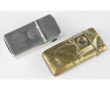 A white metal combination vesta, French late 19th century, of rectangular form and with two hinged compartments and cigar cut