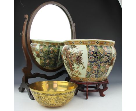 A modern Chinese fish bowl jardiniere, on associated stand, 34cm diameter, with a Chinese brass bowl on stand, a lamp and a d