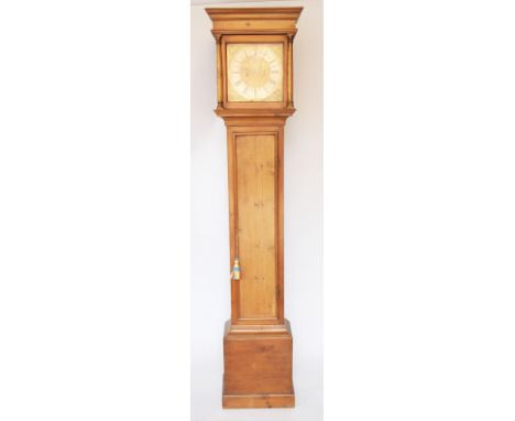 A pine eight day longcase clock, with brass dial and silvered Roman numeral chapter ring signed William Stevens Godalming, wi