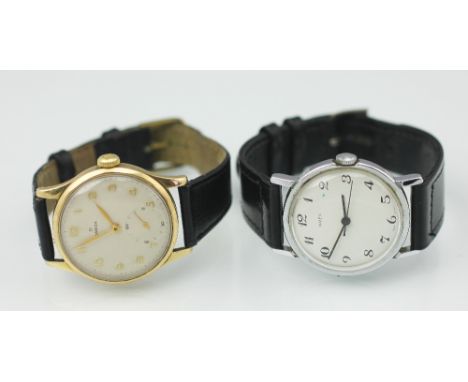 A 9ct yellow gold Omega wristwatch, the circular dial with gold Arabic numerals and subsidiary seconds dial, within plain yel