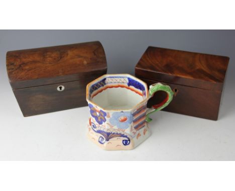 A 19th century rosewood tea caddy, with domed top, 12.5cm high, along with a mahogany rectangular tea caddy, 10.5cm high and 