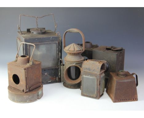Two British Rail Midland, BR(M) railway lamps, of square form, a signal mans lamp with red filter and six other lamps, (at fa