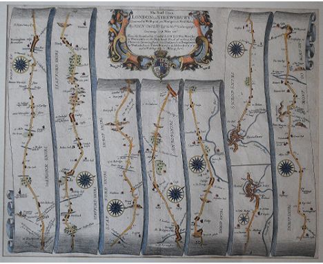 John Ogilby,
17th century engraving with later hand colouring,
The Road from London to Shrewsbury, continued to Welshpool and