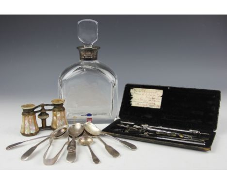 A selection of silver and silver plated wares to include a sliver mounted Orrefors presentation decanter and stopper, three s