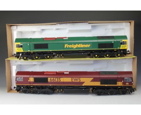 Two Aristocraft by Bachmann G gauge 1:29 scale locomotives, comprising ART-23201 EWS and an ART-23202 Freightliner, in origin