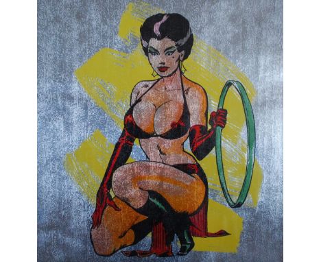Allen Jones RA (b. 1937), Silkscreen print on tin foil, Kneeling woman with a hoop, 65cm x 60cm, Framed and glazed