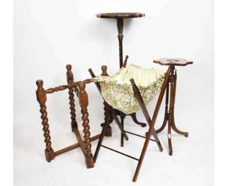 A stained beech standard lamp, with two occasional tables, a brass top coffee table and folding base and an Edwardian embroid