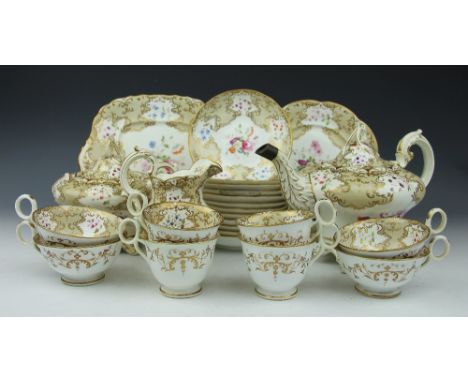 A 19th century Coalport twelve piece tea service, each piece gilt highlighted and decorated with floral sprays, comprising tw