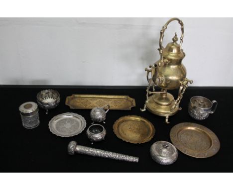 INDIAN SILVER & BRASS - a group of Indian silver pieces (8) including a walking stick handle, dressing table pots, cup and pl