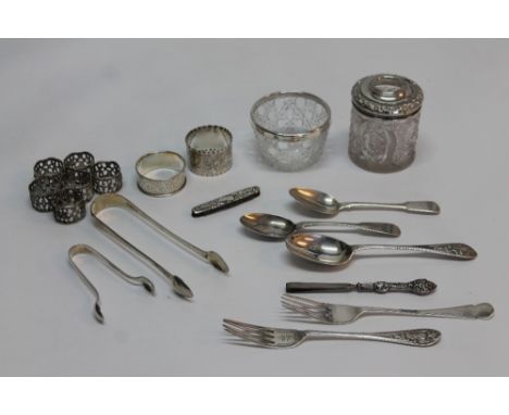 SILVER ITEMS - a collection of silver items to include a glass jar with silver lid marked 1909 Boots Pure Drug Company, a gla