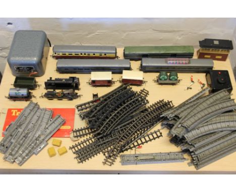 TRI-ANG TRAIN ACCESSORIES - a large portion of Tri-ang train track, an engine, carriages, wagons and a power unit No.1.