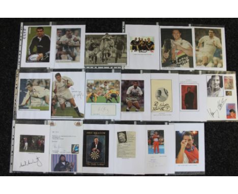 SPORTS AUTOGRAPHS - a collection of 21 autographs of rugby, golf, darts, bowls players and boxers to include Martin Johnson (