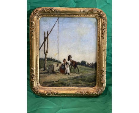 Hungarian oil of lady and horse by water trough, signed lower left. 24 cm x 30 cm.