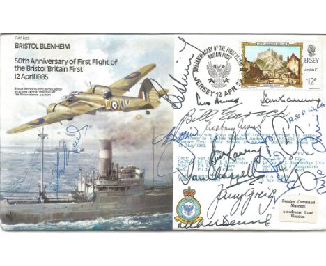 Fifteen Cricket Legends signed 1985 Bristol Blenheim bomber cover B23. Jersey Stamp and special postmark. Include Bill Edrich