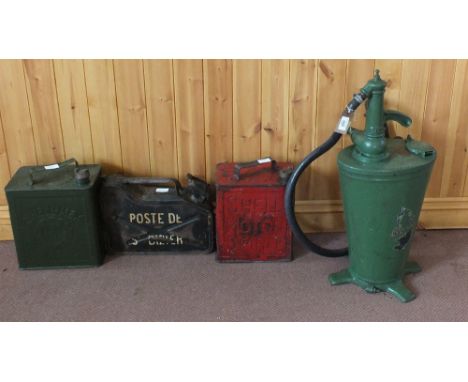 A Castrol Semi Rotary Oil dispenser, two petrol cans, four oil cans and a French Postmans petrol can