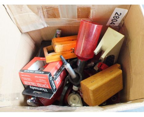 A box of mixed reloading equipment including scales etc