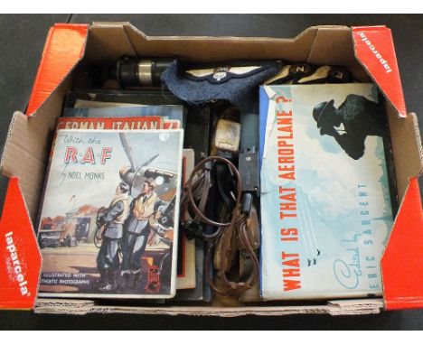 RAF WWII related items including Throat Mikes Cockpit Lamp 1924 and 1942 pocket manuals, aircrew wings etc