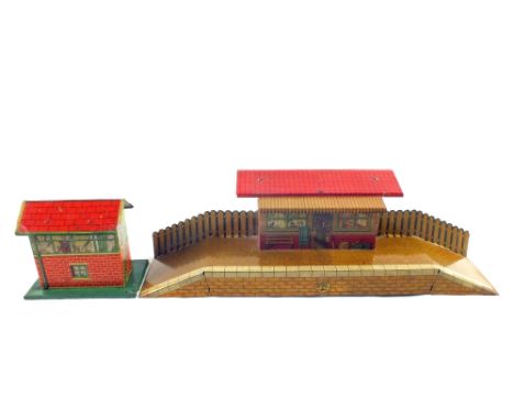 A Brimtoy tin plate Wayside Station and signal box