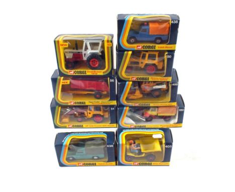 Boxed Corgi, 1150 Unimog with yellow cab, 459 Raygo roller, 403 skip dumper, 65 tipper trailer, Massey Ferguson tractor, 438 