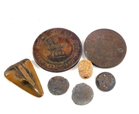 Two Elizabeth 1 Silver pennies, an Egyptian pottery scarab, a flint arrow head and three other coins
