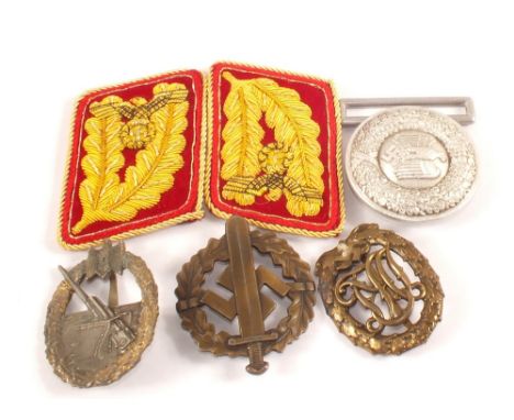 German (PATTERN) SA Sports badge with DVL Sports badge, Army Officers belt buckle, pair of Officers collar badges and Costal 