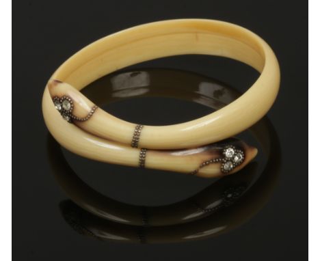 BBC Antiques Roadtrip entry -&nbsp;A vintage ivorine bangle formed as a coiled serpent with piquet inlay and set with white p