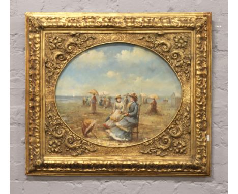 After Eugene Boudin a modern gilt framed oil on canvas beach scene with figures, signed R. Wilson.