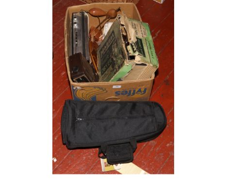 A box of miscellaneous to include a cased Stagg bugle horn, Rotary dial telephone, Bakelite hair dryer etc.