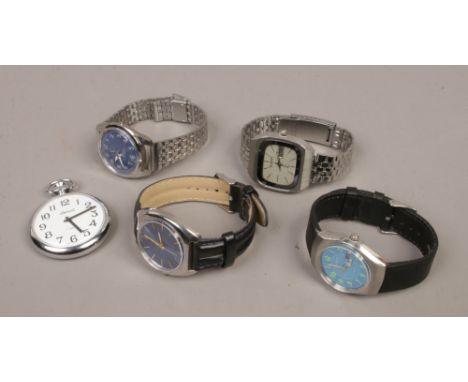A collection of wristwatches and an Ingersol pocket watch to include manual and automatic examples.