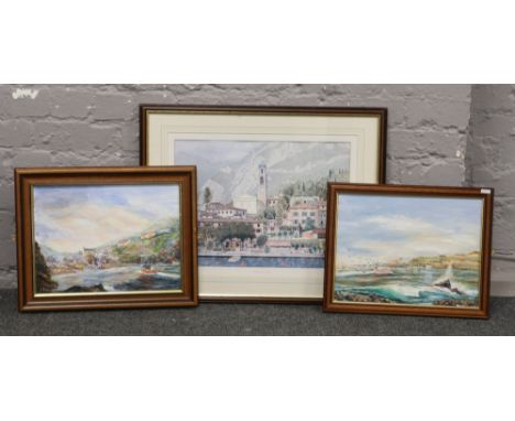 A framed limited edition Peter Craven print entitled 'Limone Sul Garda' along with two framed oils on canvas both coastal lan