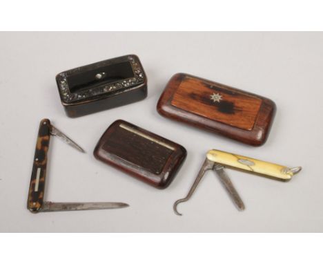 A 19th century lacquered papier mache snuff box and two hardwood examples along with two multi tool pocket knives, one with i