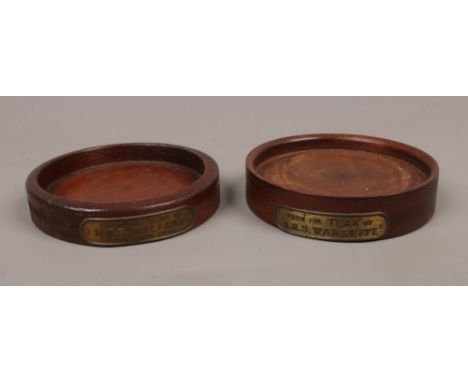 BBC Antiques Roadtrip entry - Two turned treen wine glass coasters each bearing a metal plaque reading; from the teak of H.M.