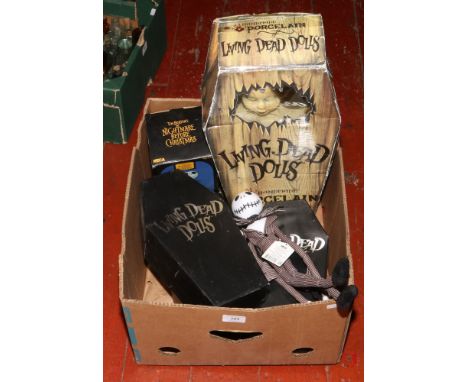 Four boxed Living Dead dolls along with a Nightmare Before Christmas plush toy and boxed head knocker.