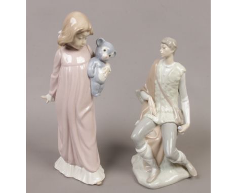 Two Nao porcelain figures one of seated man wearing cloak and satchel, the other of young girl holding a teddy bear.