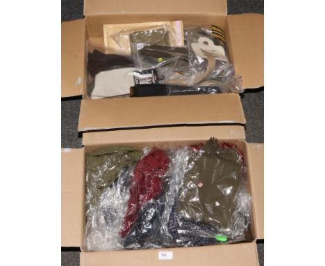 A box of World War II military type reproduction webbing belts, sock, ties, shoulder boards, L.T commander for US Army, Navy 
