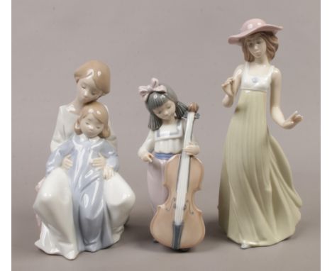 Three Nao porcelain figures, a young girl playing a cello (damage to bow) a mother a daughter and a woman wearing a hat and s