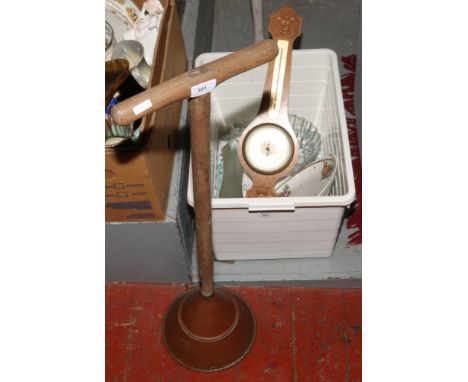 A box of miscellaneous to include copper posser, barometer, glass ornamental figure etc.