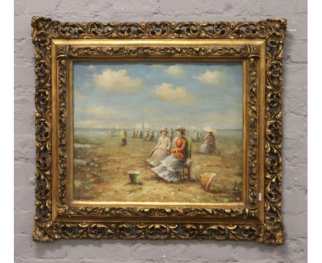 After Eugene Boudin a modern oil on canvas in Florentine style frame, beach scene with figures, signed R. Wilson.