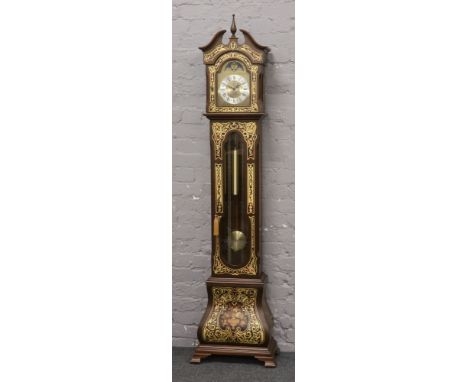 A Lauris musical triple weight grandmother clock with boulle work case and raised on an ogee pedestal with marquetry inlay, h
