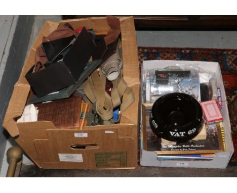 Two boxes of military World War II era re-enactment items including props, photographs, leather off cuts, playing cards etc.