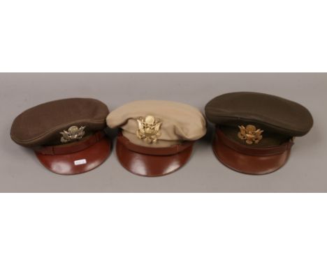 Three original USA Airforce peeked caps to include crusher chocolate 71/4 Bancroft Zephyr style made between 1942-45, origina