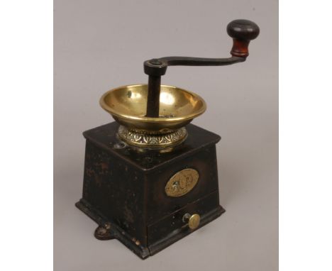 BBC Antiques Roadtrip entry - A Victorian counter top cast iron and brass coffee grinder / mill. With makers plaque for Baldw